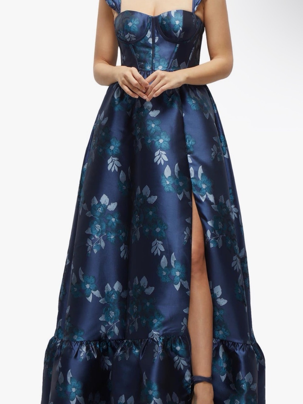 Dessy Collection Navy Floral Strapless Prom Gown with Slit